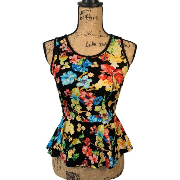(E-138)Women’s Floral‎ Peplum Top Sleeveless Black Multicolor Size M Fashion - Picture 2 of 7